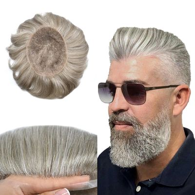 Hair Wonders Full Swiss Lace Toupee For Men Real Human Hair Mens Toupee Hair Replacement System For Men Hairpieces For Men Hair System 6x9-90% light density#760 7# VERY LIGHT BROWN+60% GREY