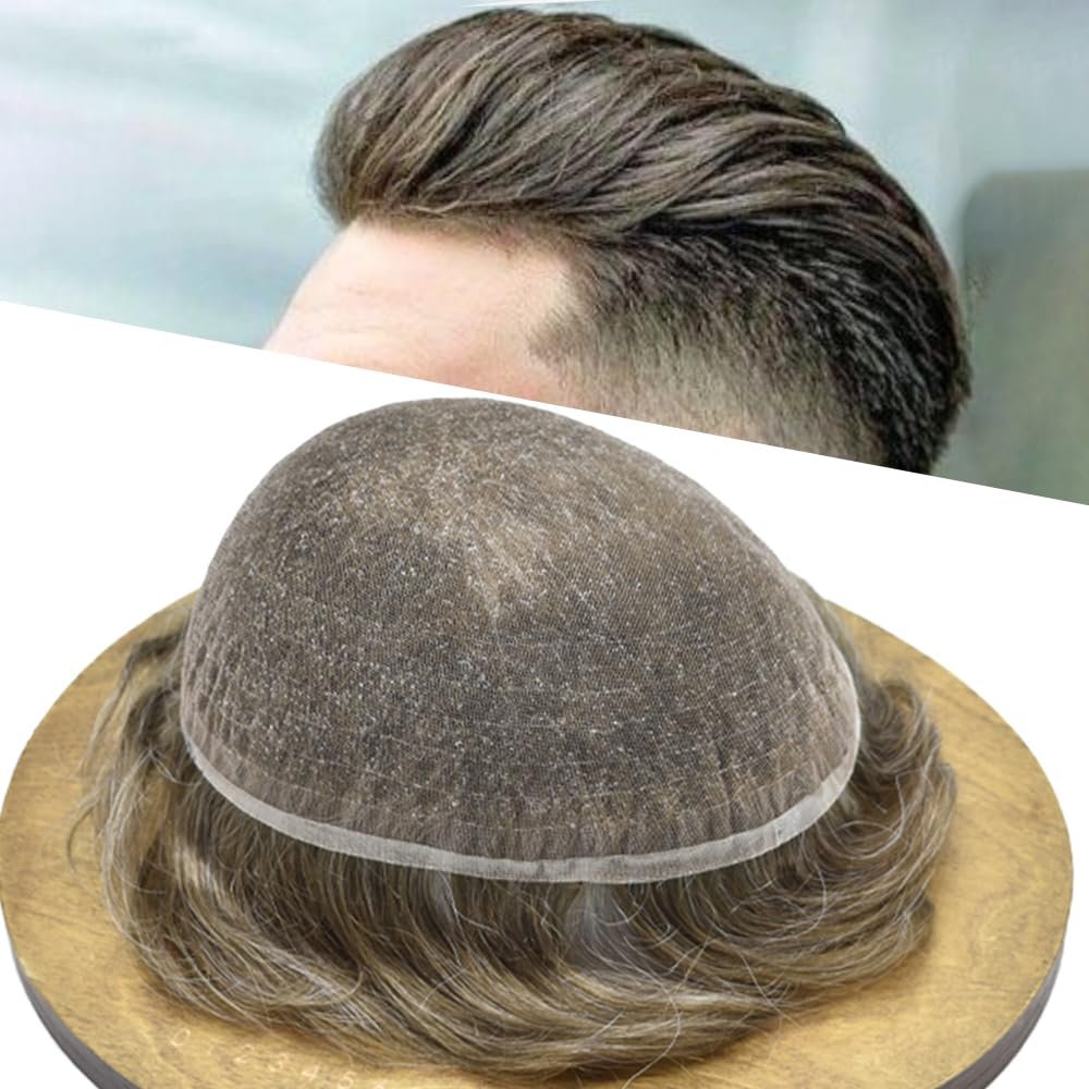 Hair Wonders Full Swiss Lace Toupee For Men Real Human Hair Mens Toupee Hair Replacement System For Men Hairpieces For Men Hair System 6x9-100% light to Medium density#630 6# LIGHT BROWN+30% GREY