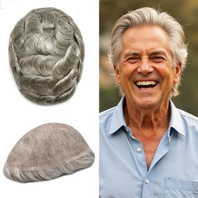 Hair Wonders Toupee For Men Real Human Hair System For Men Full Swiss Lace Mens Toupee Lace Hair Piece For Men Hair System Bleached Knots 7x9-90% light density#380 3# DARK BROWN+80% GREY