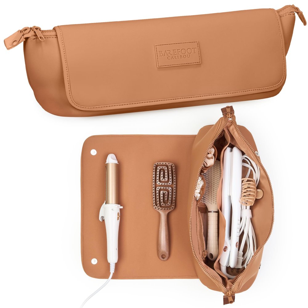 BAREFOOT CARIBOU Hair Tools Travel Bag and Heat Resistant Mat for Flat Irons, Straighteners, Curling Iron, and Haircare Accessories, 2-in-1 design, with Interior Pockets, Portable Organizer (Brown)