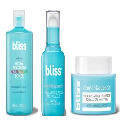 Bliss Ultimate Hydration Skincare Set - Drench & Quench Hyaluronic Acid Serum, Moisturizer & Well Yes Hydrating Toner - Multi-Layer Moisture, Plumping & Brightening - Clean, Vegan & Cruelty-Free - 3 P