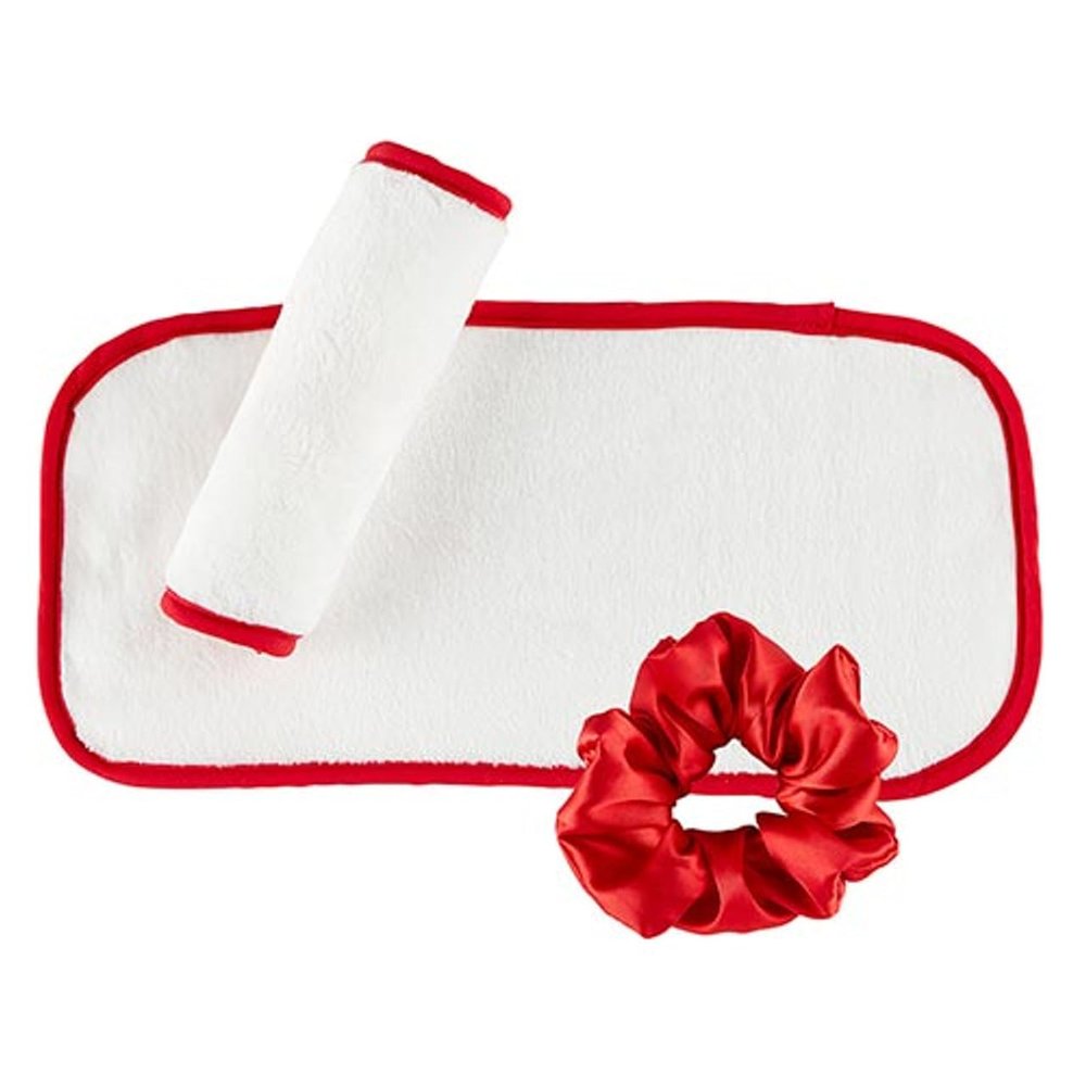 Bella Sleep + Spa Reusable Makeup Remover Facial Cloths and Scrunchie Facial Care Set, 3-Piece, White/Red