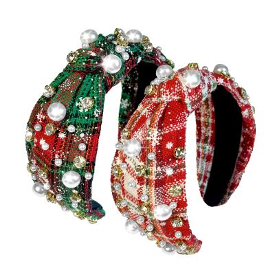 2 Pcs Christmas Headbands for Women Pearl Rhinestone Knot Headband Xmas Crystal Jeweled Hair Band Bow Wide Top Knotted Headband Christmas Hair Accessories Holiday Party Outfits(Snowflake Plaid)