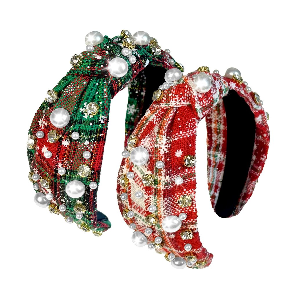 2 Pcs Christmas Headbands for Women Pearl Rhinestone Knot Headband Xmas Crystal Jeweled Hair Band Bow Wide Top Knotted Headband Christmas Hair Accessories Holiday Party Outfits(Snowflake Plaid)