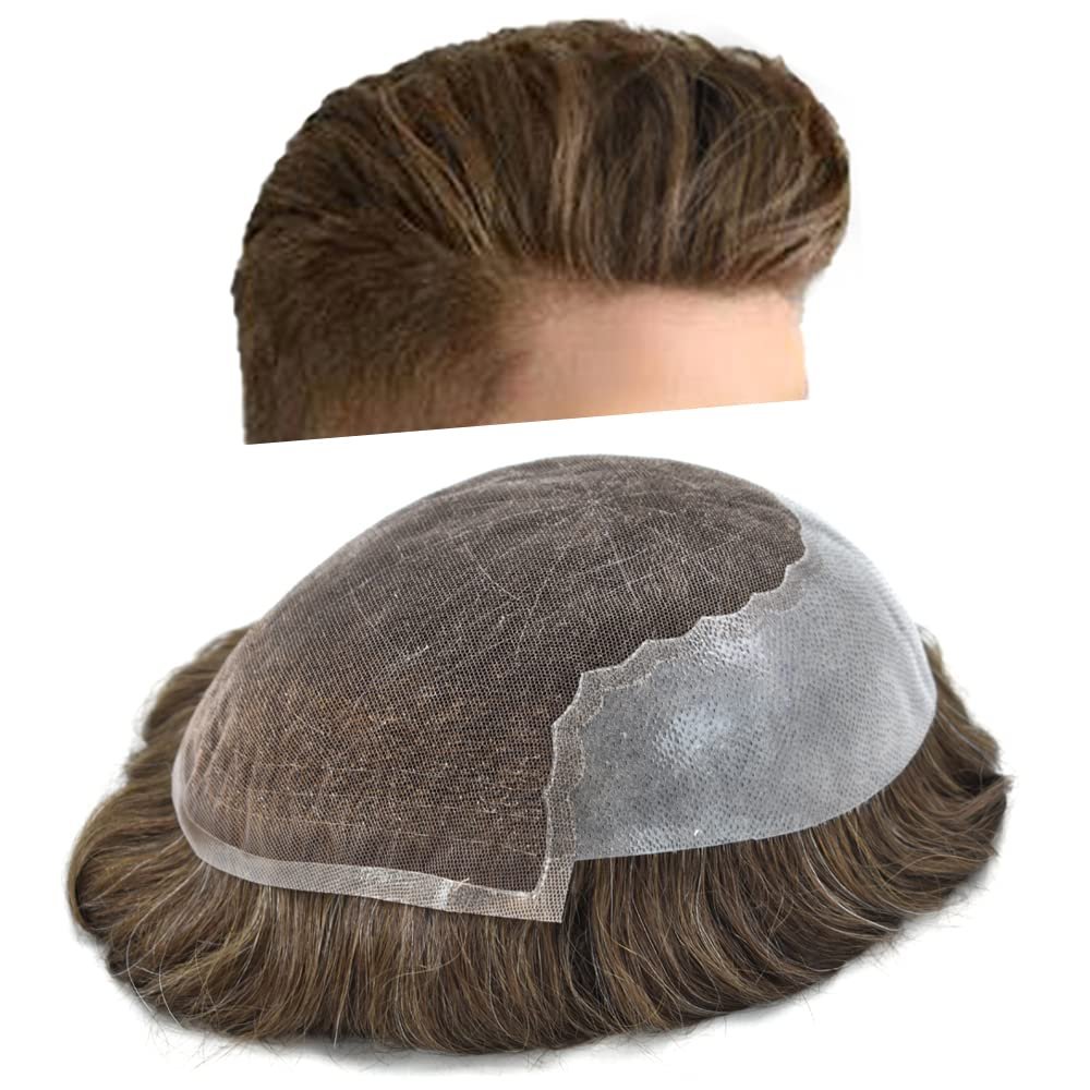 Hair Wonders Mens Hairpiece Remy Human Hair Toupee For Men Swiss Lace Mens Hair System Protesis Capilar Men Toupee 7X9#5 Medium Light Brown 100% Density