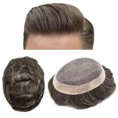 Toupee for Men Hair Piece Fine Mono Mens Toupee Poly Coating All Around Men Hair Systems Human Hairpiece Mono+NPU Hair Unit for Men Medium Density7X10"-120% density#330 Dark Brown+30% Gray