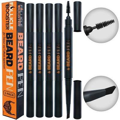 Beard Pen Filler for Men - Barber Styling Grooming Pencil - Waterproof, Sweat Proof, Long Lasting Solution with Natural Finish - Cover Beard and Scalp Patches in Seconds - Medium Brown 5 Pack