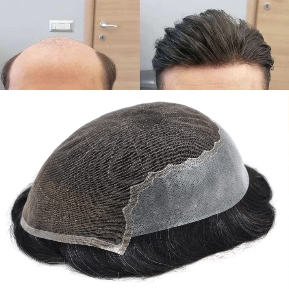 Hair Wonders Mens Hairpiece Remy Human Hair Toupee For Men Swiss Lace Mens Hair System Protesis Capilar Men Toupee 7X9#1B10#1B Off Black+10% Grey 120% Density