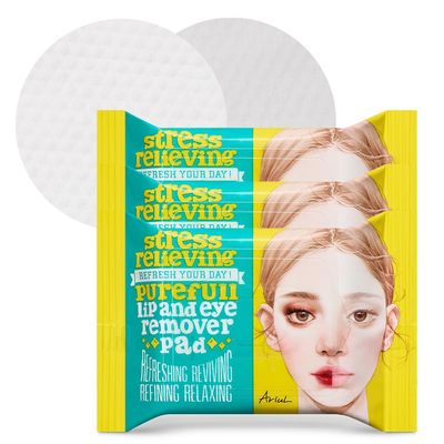 Ariul Stress Relieving Purefull Lip & Eye Remover Pads  Gently Removes Stubborn Makeup, Hydrating & Soothing Formula, Korean Skin Care with Natural Ingredients, 30 Counts x 3 Packs
