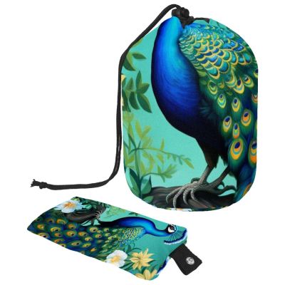 asebiunh Drawstring Cosmetic Bag, Barrel Shaped Portable Travel Makeup Bags, Peacock Flower Print Large Capacity Waterproof Multifunctional Bucket Toiletry Bag