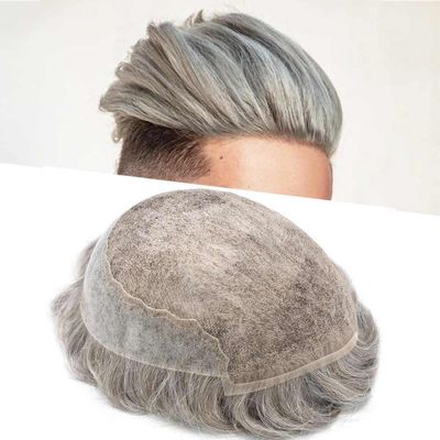 Hair Wonders Mens Hairpiece Remy Human Hair Toupee For Men Swiss Lace Mens Hair System Protesis Capilar Men Toupee 7X9#580#5 Medium Light Brown+80% Grey 90% Density