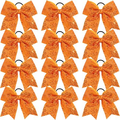 12 Pcs Large Glitter Cheer Bows Ponytail Holder Girls Elastic Hair Ties 8" Big Hair Bows Sports Cheerleaders Accessories for Teens Women Cheerleader Girls (Orange)