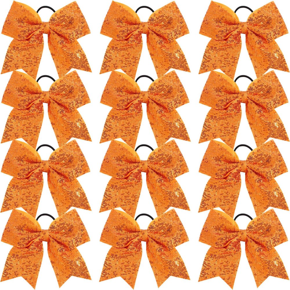 12 Pcs Large Glitter Cheer Bows Ponytail Holder Girls Elastic Hair Ties 8" Big Hair Bows Sports Cheerleaders Accessories for Teens Women Cheerleader Girls (Orange)