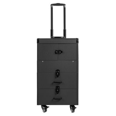 DONSU 4 in 1 Portable Rolling Makeups Train Case,Salon Cosmetic Storage Organizer w/Mirror,Travel Trolley Organizer Box for Makeup Artists, Hairdressers, Beauticians (Black)