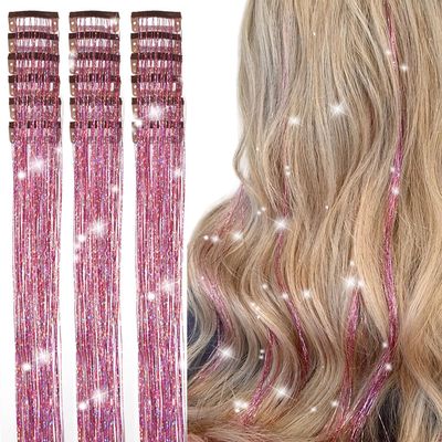 Aokomisu Hair Tinsel Clip in Pack of 18 Pcs 20 Inch Clip in Hair Tinsel Pink Glitter Tinsel Hair Extensions Fairy Hair Clips Party Dazzle Hair Accessories for Girls Kids Women (Pink-18 Pcs)