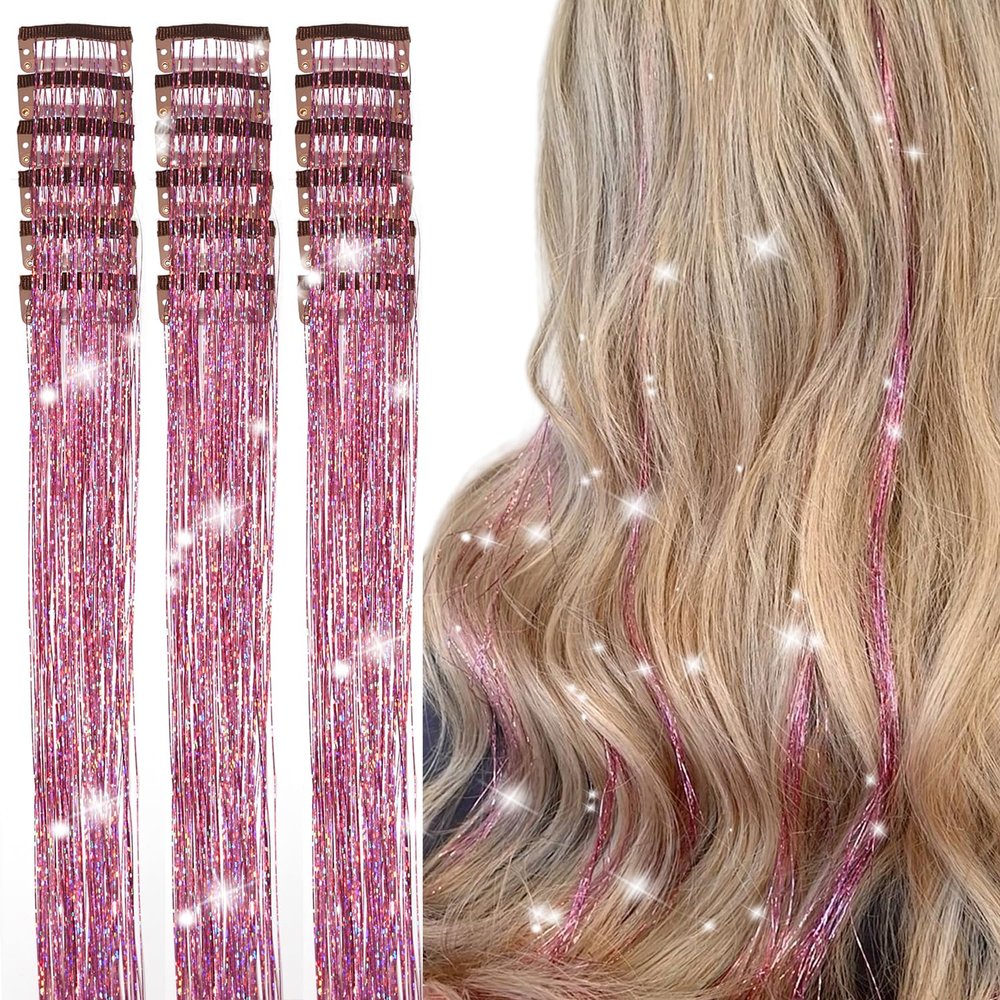Aokomisu Hair Tinsel Clip in Pack of 18 Pcs 20 Inch Clip in Hair Tinsel Pink Glitter Tinsel Hair Extensions Fairy Hair Clips Party Dazzle Hair Accessories for Girls Kids Women (Pink-18 Pcs)
