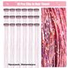 Aokomisu Hair Tinsel Clip in Pack of 18 Pcs 20 Inch Clip in Hair Tinsel Pink Glitter Tinsel Hair Extensions Fairy Hair Clips Party Dazzle Hair Accessories for Girls Kids Women (Pink-18 Pcs) view 2