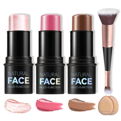 AOAZXBB 3PCS Cream Contour Stick Makeup Kit Face Contour Highlighter Stick,Smooth Cream Bronzer Contour Blush Stick Long Lasting Highlighter Makeup Stick for Cheeks,Eyes,Lips (02,05,06)