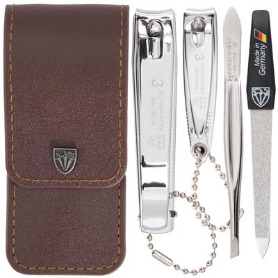 3 Swords Germany - Brand Quality 4 Piece Manicure Pedicure Grooming kit Set for Professional Finger & Toe Nail Care Tweezers File Clipper Brown Synthetic Leather case - Made by 3 Swords