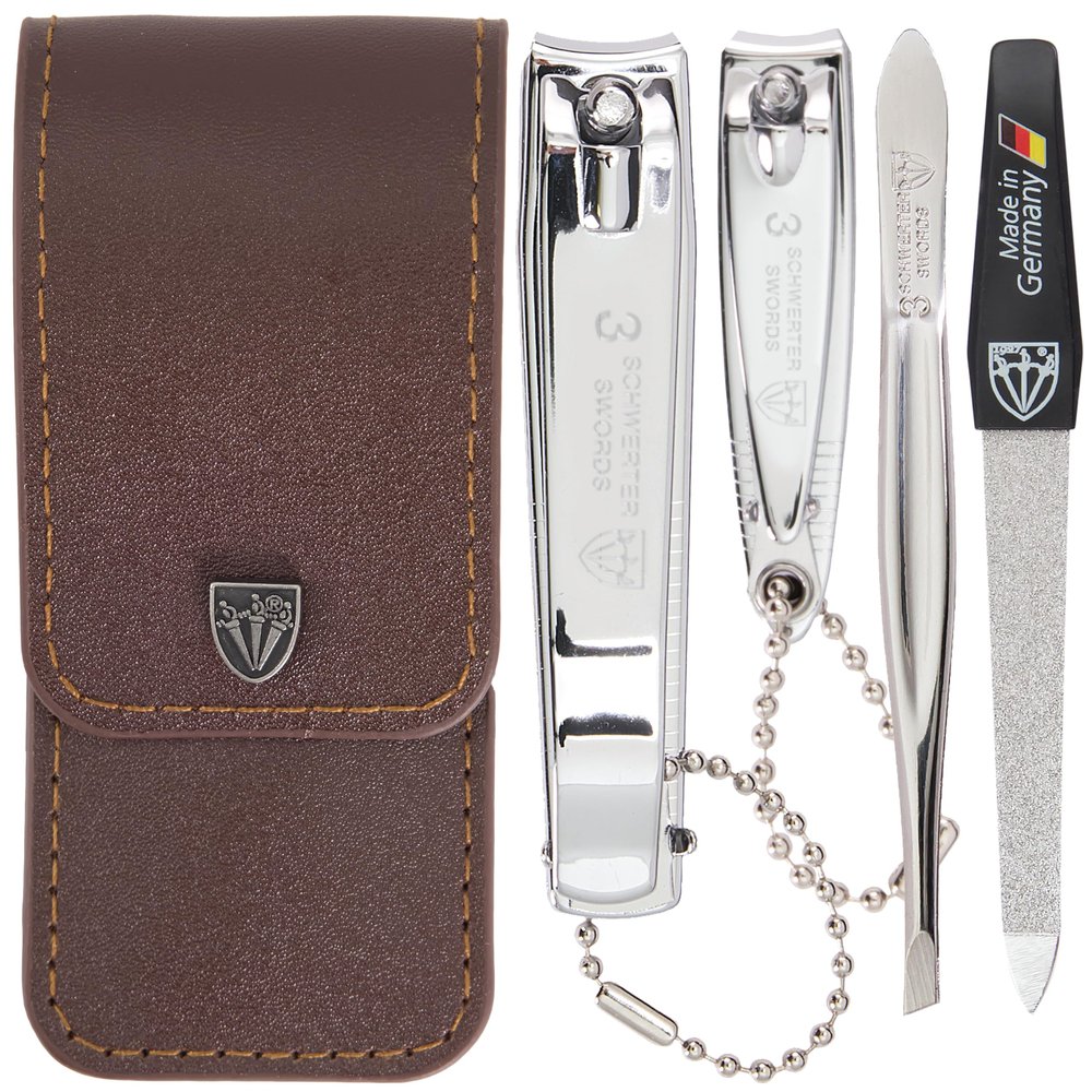 3 Swords Germany - Brand Quality 4 Piece Manicure Pedicure Grooming kit Set for Professional Finger & Toe Nail Care Tweezers File Clipper Brown Synthetic Leather case - Made by 3 Swords