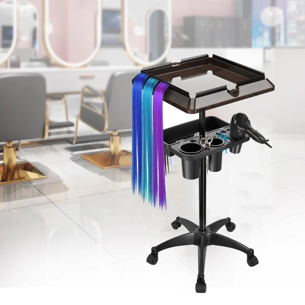 FOGVG Salon Tray Cart on Wheels with Storage Platform, Hairstylist Rolling Carts with Wheels, Hair Salon Cart with Tool Holder Adjustable Height, Hair Tools Organizer Roller Cart for Barber Beauty