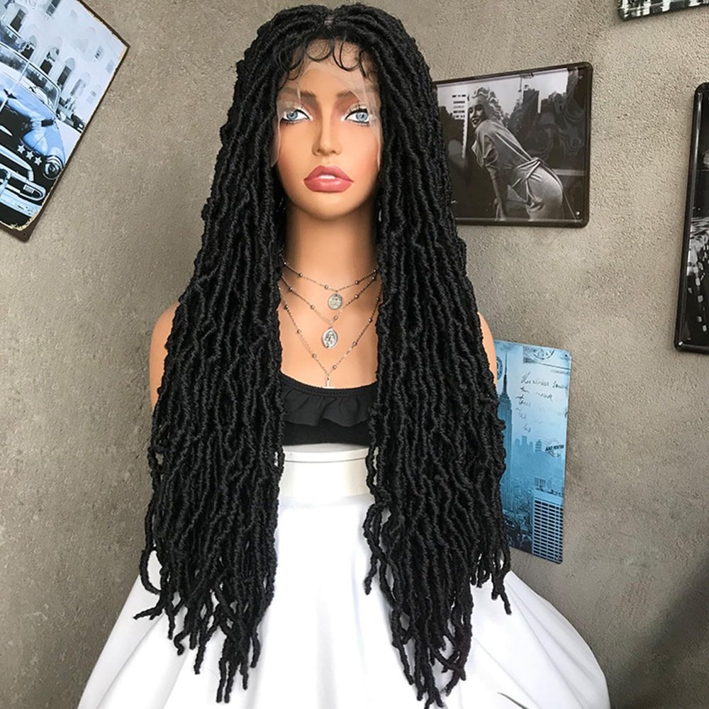 Long Lace Braided Wigs, Black 28" Crochet Hair Cornrow Braided Lace Front Synthetic Wig with Fine Hair for Black Women