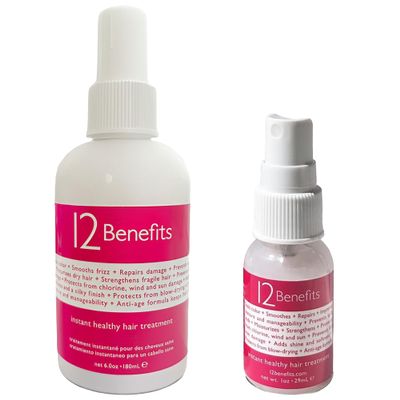 12 Benefits Instant Healthy Hair Treatment Set - Leave In Conditioner Spray (Full & Travel Size) with Quaternium & Silk Fibre Protein - Smooths Frizz, Strengthens, Repairs Damaged Hair - Made in USA