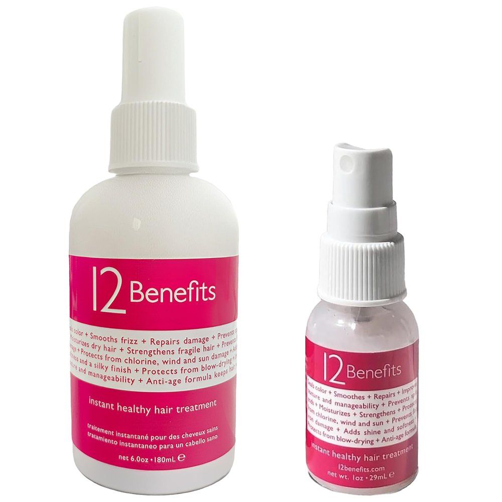 12 Benefits Instant Healthy Hair Treatment Set - Leave In Conditioner Spray (Full & Travel Size) with Quaternium & Silk Fibre Protein - Smooths Frizz, Strengthens, Repairs Damaged Hair - Made in USA