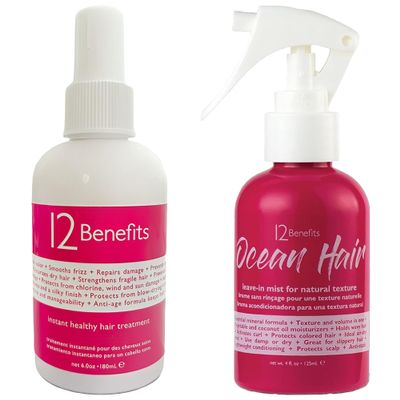 12 Benefits Instant Healthy Hair Treatment Set - Leave In Conditioner & Ocean Hair Wave Spray - Smooths Frizz, Strengthens, Repairs Damaged Hair, Moisturizes, Protects Scalp, Protects Against Humidity