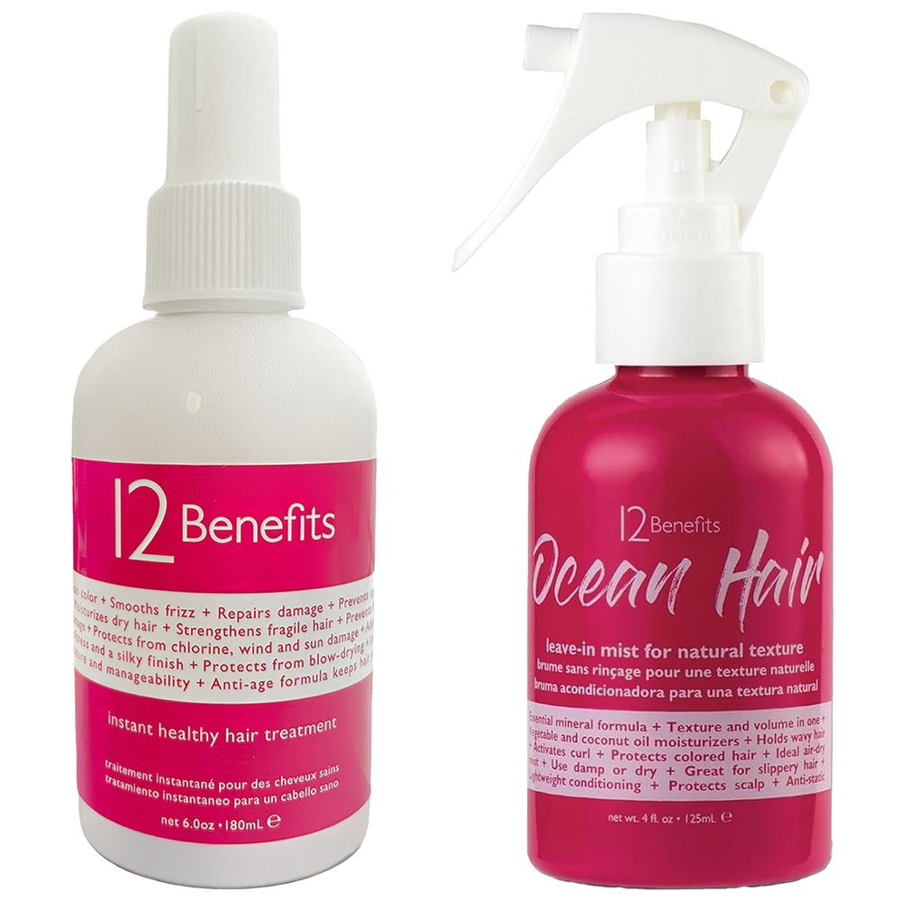 12 Benefits Instant Healthy Hair Treatment Set - Leave In Conditioner & Ocean Hair Wave Spray - Smooths Frizz, Strengthens, Repairs Damaged Hair, Moisturizes, Protects Scalp, Protects Against Humidity