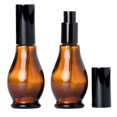 2Pcs 50ml/1.7oz Empty Refillable Amber Gourd Shaped Glass Lotion Pump Bottles with Black Press Top Cosmetic Dispenser Jar Sample Vials Storage Container for Essential Oil Emulsion