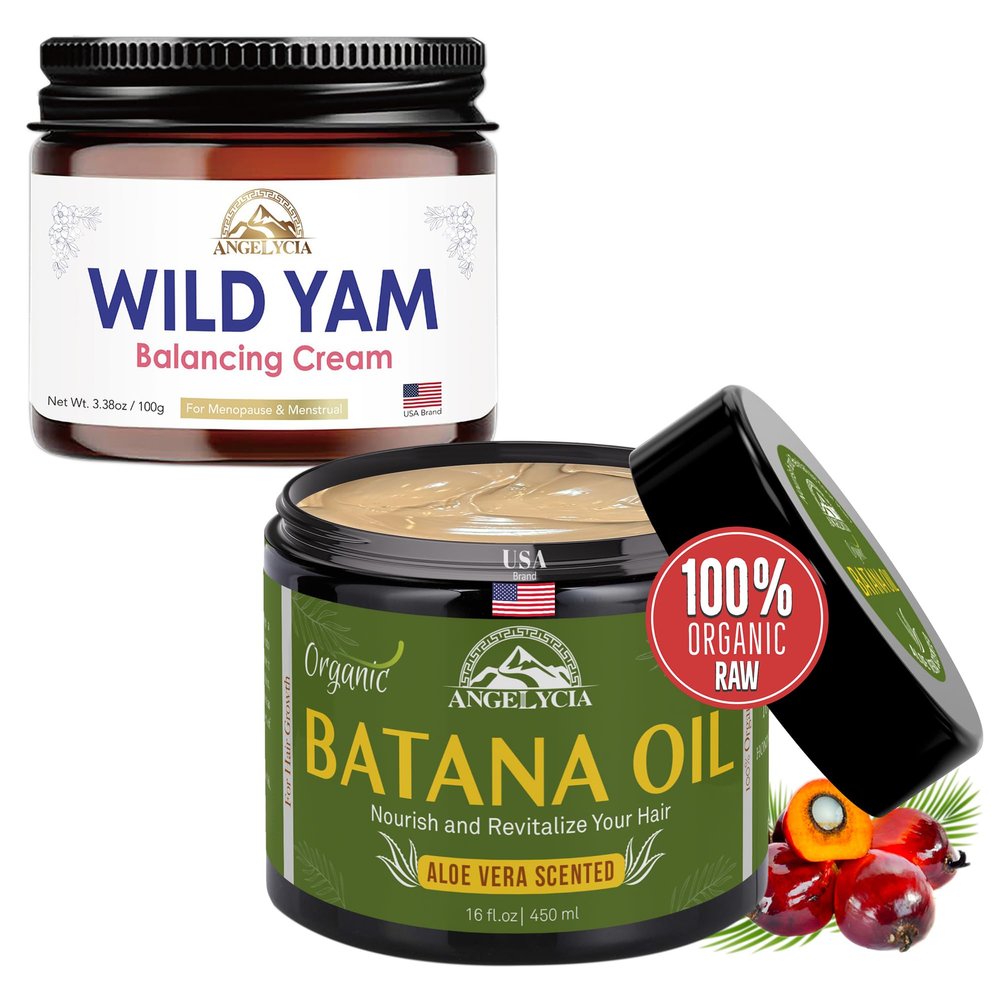 ANGELYCIA Batana Oil 16oz and Wild Yam Cream Bundle Set - 100% Organic Raw Batana Oil For Hair Growth, Nourish Strengthen Prevent Hair Loss, Feminine Yoni Detox, Wild Yam Cream Organic For Pms