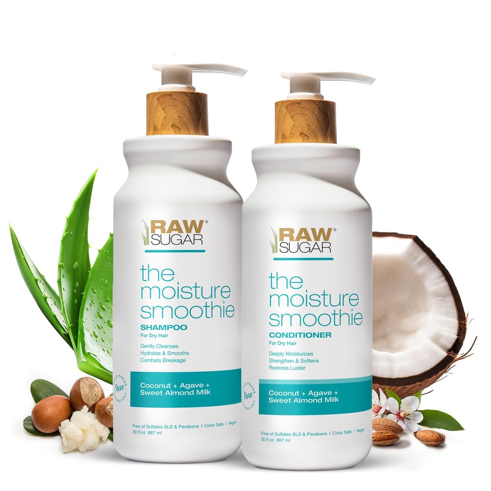 Raw Sugar Moisture Smoothie Shampoo and Conditioner Set, Moisturize & Nourish Dry Hair, Bulk Shampoo and Conditioner with Coconut Oil, Agave & Sweet Almond Oil, Formulated without Sulfates & Parabens