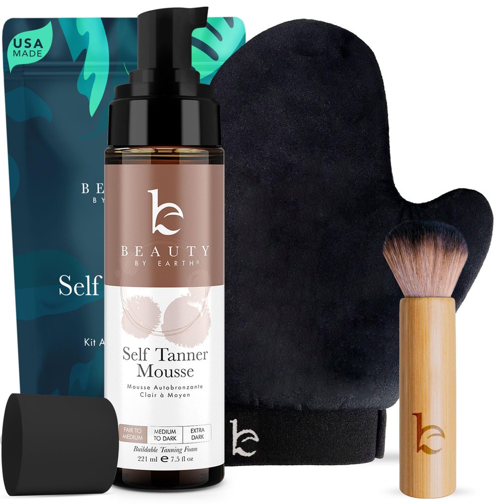 Self Tanner Tanning Mousse Kit - USA Made with Natural & Organic Ingredients, Tan Kit with Kabuki Brush & Mitt, Tanning Foam for Fake Tan, Non Toxic Sunless Tanner, Self Tanners Best Sellers