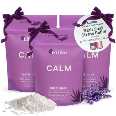 Latika Soaks Set of 3 - Calm Bath Soaks with Lavender & Peppermint, Moisturizing Epsom Salt Soak for Stress Relief, Relaxation, and Skin Nourishment, at-Home Spa Retreat Gift