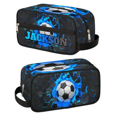 RIRIX Personalized Gift Travel Makeup Bag for Man Boy Girl Women, Custom Cosmetic Bag Shaving Bag Make Up Bag Organizer Toiletry Bag for Christmas Birthday Soccer Blue