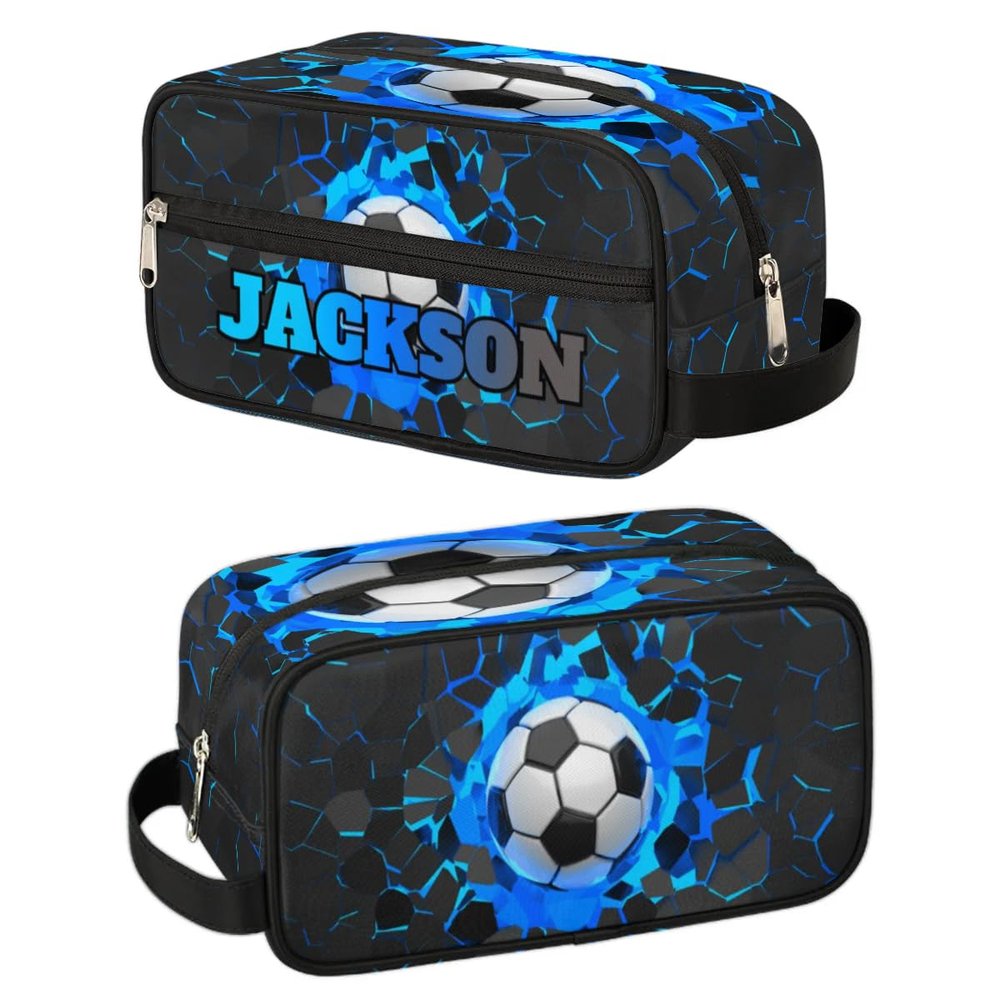 RIRIX Personalized Gift Travel Makeup Bag for Man Boy Girl Women, Custom Cosmetic Bag Shaving Bag Make Up Bag Organizer Toiletry Bag for Christmas Birthday Soccer Blue