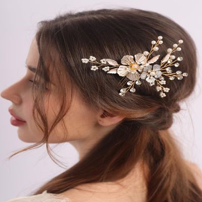 BERYUAN Wedding Flower Leaves Hair Comb Pearls Rrhinestone Crystal Wedding Headpiece Gold Flowers Leaves Pearls Wedding Hair Comb Gold Wedding Bridal Hair Comb for Brides Bridesmaid