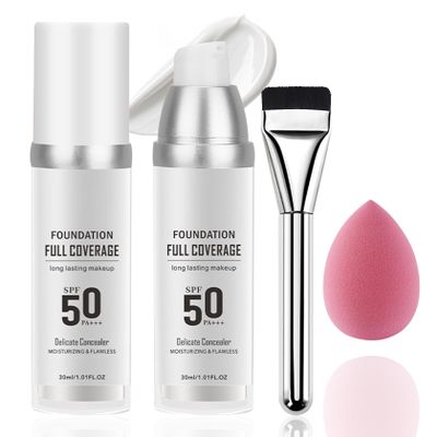 2PCS Color Changing Liquid Foundation Makeup,Flawless Full Coverage Foundation with Makeup Brush and Sponge,Non-greasy Long Lasting Moisturizing SPF50 PA+++ Face Sunscreen for WomenA)