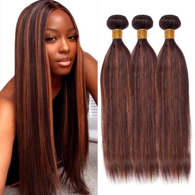 Dokksiiia Highlight Chocolate Brown and Brown Human Hair Bundles P430 Two Tone Straight Human Hairs Bundles Double Weft Brazilian Hair Extensions 22 24 26 Inch for Black Women