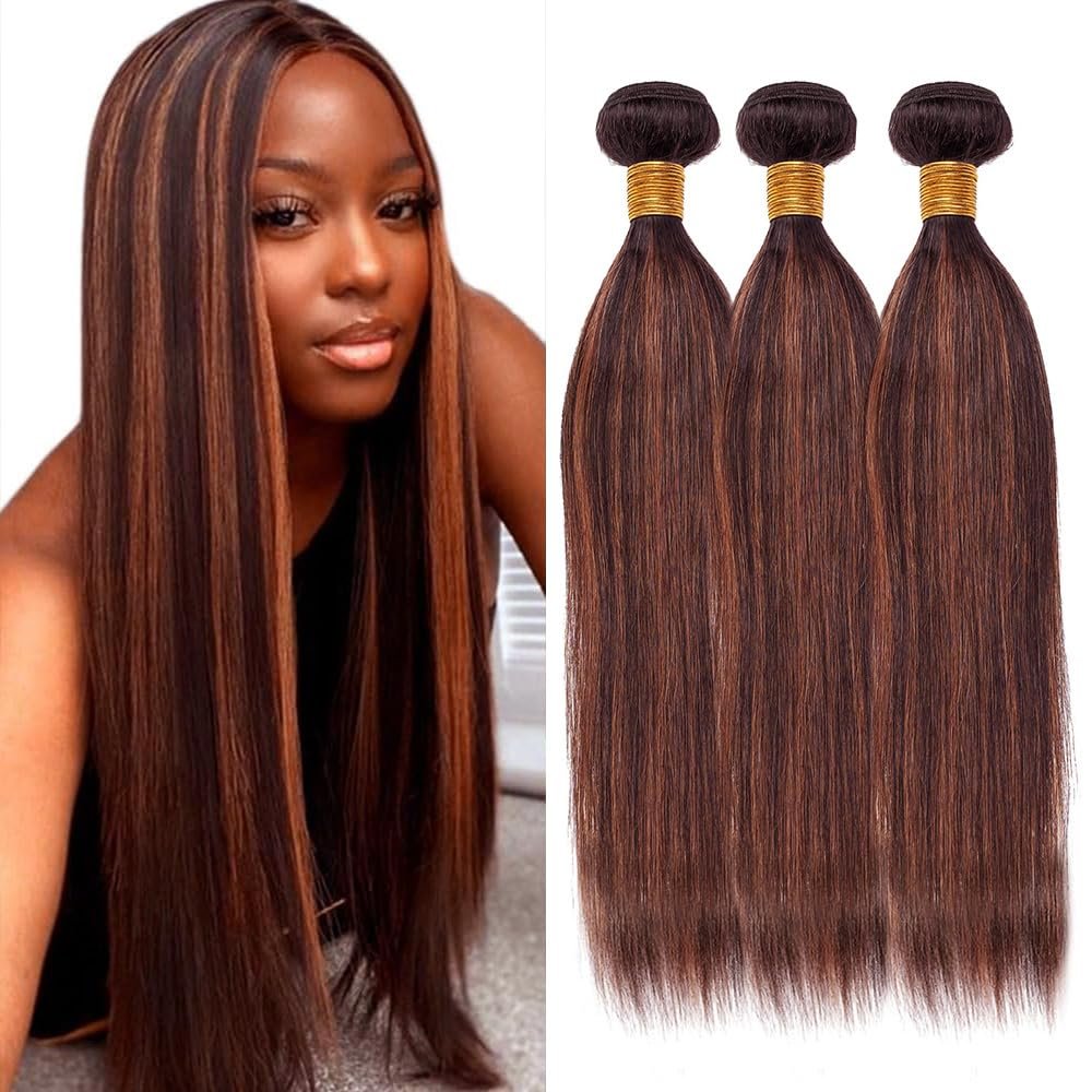 Dokksiiia Highlight Chocolate Brown and Brown Human Hair Bundles P430 Two Tone Straight Human Hairs Bundles Double Weft Brazilian Hair Extensions 22 24 26 Inch for Black Women