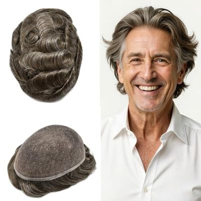 Hair Wonders Toupee For Men Real Human Hair System For Men Full Swiss Lace Mens Toupee Lace Hair Piece For Men Hair System Bleached Knots 7x9 120% Medium light density #430 4# MEDIUM BROWN+30% GREY