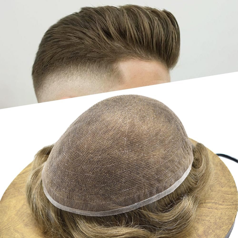 Hair Wonders Toupee For Men Real Human Hair System For Men Full Swiss Lace Mens Toupee Lace Hair Piece For Men Hair System Bleached Knots 8x10 120% Medium light density 17# DARK ASH BLONDE