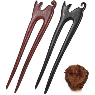 2Pcs U Shape Wooden Hair Sticks Handmade Carved Wood French Hair Forks with Cute Cat Design 2-Prong Vintage Wood Hair Pins for Women Girls Chignon Bun Updo Hairstyle Accessories