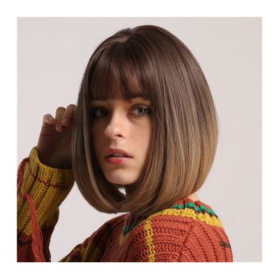 ULTRAWAVE Wigs for Women Straight Bob Wigs with Bangs Brown Ombre to Light Brown Synthetic Wig for Women Natural Heat Resistant Fiber Wigs for Party Daily Wear Women's Wig