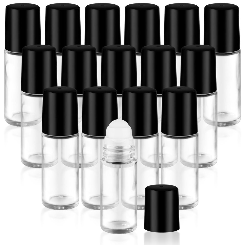 16 Pcs 30ml/1oz Glass Deodorant Roller Bottle Clear Roll-On Deodorant Containers with Black Lid for Essential Oils Cosmetic