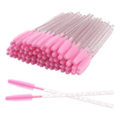Mekupeu 50 pcs Glitter Disposable Mascara Brushes Crystal Silicone Eyelash Brushes Mascara Wands Applicator Eyelash Extensions Makeup Tools Eyebrow Brush (All pink)