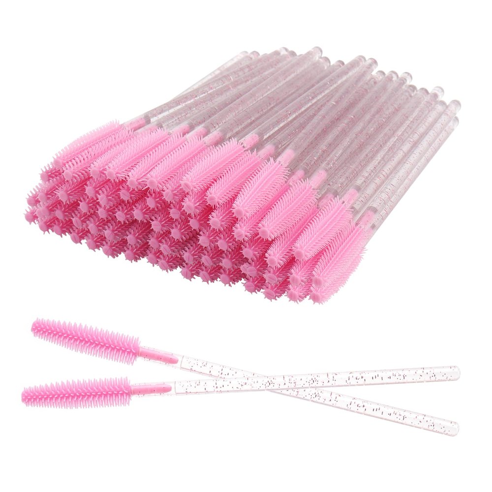 Mekupeu 50 pcs Glitter Disposable Mascara Brushes Crystal Silicone Eyelash Brushes Mascara Wands Applicator Eyelash Extensions Makeup Tools Eyebrow Brush (All pink)