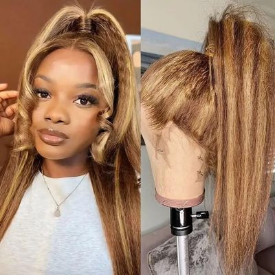 Highlight Wig 180% Density Kinky Straight 360 Full Lace Frontal Wig For Women 4/27 Blonde Color HD Lace Front Wigs Pre Plucked Glueless Yaki Straight Wig Human Hair Bleached Konts 20Inch