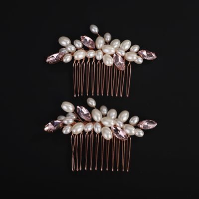 BERYUAN Pink Rhinestone Pearls Wedding Hair Comb Pearls Bridal Wedding Headpiece Dainty Pearls Hair Comb Pearls Hair Side Comb Crystal Wedding Comb for Women Girls(2pcs) (pink)